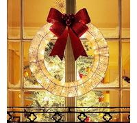 20Inch Lighted Christmas Wreath Crhirstmas Red Bow Wreath LED Metal Xmas Wreath Christmas Xmas Front Door Window Wall Light Up Hanging Ornament for Holiday Christmas Party Decorations (A)