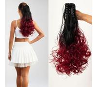 20inch Voluminous Fluffy High Ponytail Extension Invisible Claw Clip in Fake Ponytail Synthetic Hairpiece Black Ombre Wine Red
