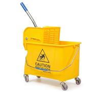 20L Mop Bucket With Wringer & Wheels - Professional Grade Lightweight Plastic Floor Cleaning Bucket - Integrated Caution Wet Floor Sign - Ideal for Home or Office (Yellow)