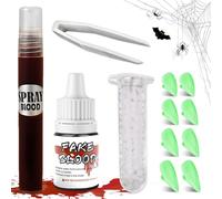 20ml Fake Blood+5g Temporary Filling+4pc Vampire Teeth Fluorescent Version with Tweezers, Halloween Makeup, Halloween Makeup Adults, Skeleton Zombie Clown Makeup, Masquerade and Festival Body Painting