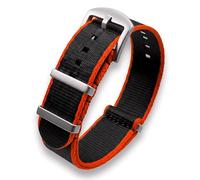 20mm Black Orange Nylon Watch Strap | Military Seatbelt Double-Pass Contrast Edge Stripe Band | Smooth Seat Belt Webbed Fabric | Brushed Stainless Steel Buckle & Fittings (20 mm, Black/Orange)