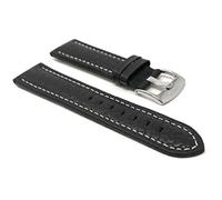 20mm Black Smartwatch Band Strap fits Motorola 360 (42mm Case) & Many More, Leather, Buffalo Pattern, White Stitching, Stainless Steel Buckle