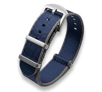 20mm Blue Grey Nylon Watch Strap | Military Seatbelt Double-Pass Contrast Edge Stripe Band | Smooth Seat Belt Webbed Fabric | Brushed Stainless Steel Buckle & Fittings (20 mm, Navy Blue/Gray)