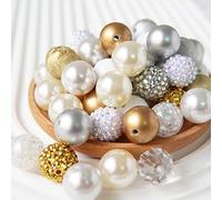 20mm Bubblegum Beads for Pens, 20 mm Beads for Beadable Pens Mix, Bubblegum Beads 20mm Bulk, 20 mm Beads for Bead Pens, Large Chunky Beads Bubble Gum Beads for Pen Making, 50 pcs (Silver/White/Gold)