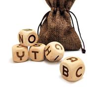 20MM Creative Wooden Letter Dice Set, 5 Pieces Laser Engraved A-Z Pattern Cube Rolling Alphabet Dices for Party Game and teaching