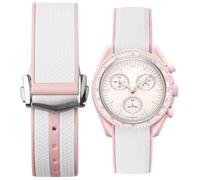 20mm Curved End Rubber Watch Band for Omega X Swatch,Omega Speedmaster moonwatch Folding Buckle Watch Strap Replacement Watchband No Gap Deployment Buckle Men Women Dustproof Washable (white pink