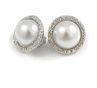 20mm D/Button Shaped Faux Pearl Clip On Earrings in Silver Tone