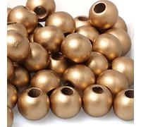 20mm Golden Wooden Beads Large Hole Wood Round Beads for Craft, Wood Macrame Beads Natural Round Ball Farmhouse Wooden Loose Beads Garland Home Wall Hanging Decor, 50pcs