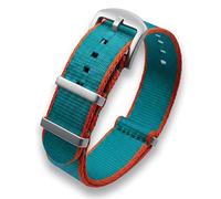 20mm Green Orange Nylon Watch Strap | Military Seatbelt Double-Pass Contrast Edge Stripe Band | Smooth Seat Belt Webbed Fabric | Brushed Stainless Steel Buckle & Fittings (20 mm, Turquoise/Orange)