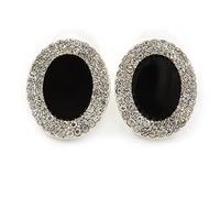 20mm L/Crystal Black Enamel Oval Stud Earrings/Rhodium Plating