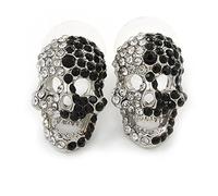 20mm L/Dazzling Black/Clear Crystal Skull Stud Earrings/Silver Tone