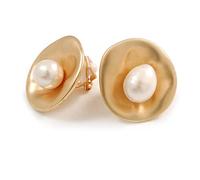 20mm Matt Gold Tone 'Shell' with Freshwater Pearl Bead Clip On Earrings