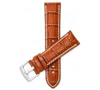 20mm Wide, Tan Mens' Alligator Style Genuine Leather Watch Band Strap, with White Stitching, Glossy Finish, Comes in Royal Blue, White, Black and Brown