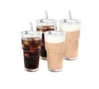 20oz/600ml Glass Tumbler with Lid and Straw - Set of 4, Elegant Textured Drinking Glasses for Iced Coffee, Bubble Tea, Smoothies, and Cocktails, Reusable & Dishwasher Safe (4Packs Plastic Lid)
