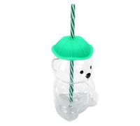 20oz Adorable Bear Cup High Borosilicate Glass Straw Drinking Cup for Iced Coffee Tea Hot Cocoa for Home Office Use (Watermelon Silicone Cap)