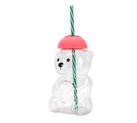 20oz Adorable Bear Cup High Borosilicate Glass Straw Drinking Cup for Iced Coffee Tea Hot Cocoa for Home Office Use (Strawberry Silicone Cap)