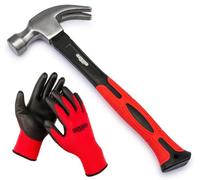 20oz Claw Hammer, Forged Steel, Heavy Duty with Fibreglass Handle and Non-Slip Rubber Grip, Work Gloves Included - Suitable for Carpentry and DIY