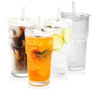 20oz Ribbed Glass Tumblers with Lids and Straws, Leakproof Iced Coffee Cups | Perfect for iced coffee, smoothies, and cocktails on the go. Leak-proof lids seal tight even upside down. 4-piece gift set