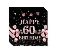 20P Black Rose 60th Birthday Paper Serviettes Napkins,Women Happy 60th Birthday Party Napkins Disposable,Birthday Serviettes Tissue Beverage Luncheon Decorative Paper Napkin for 60th Women,Her Party