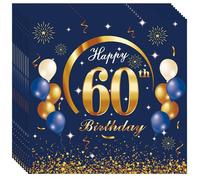 20P Navy Blue Gold Boys Happy 60th Birthday Party Napkins, Disposable Birthday Serviettes Tissue Beverage Luncheon Decorative Paper Napkin