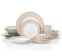 Waterside 20pc Mosaic Cream & Gold Porcelain Dinnerware Set; 4 Dinner Plates, Side Plates, Soup Bowls and Cup & Saucers