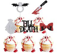 20pc Till Death Cupcake Topper, Halloween Bachelorette Cupcake Decor, Bride or Die, Halloween Gothic Skull Bridal Shower Wedding Party Decorations Supplies