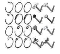20pcs 20g Black Nose Studs Sets for Women Men,Hypoallergenic 316L Surgical Stainless Steel Hinged Clicker Segment Nose Rings Hoop Helix Cartilage Daith Tragus Earrings L Shape Nose Studs Body Piercing