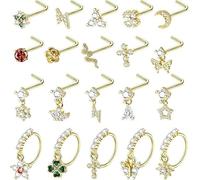 20Pcs 20G Dangle Nose Rings Gold Nose Studs L Shaped Gold Nose Hoop Hypoallergenic Stainless Steel Nose Piercings CZ Flower Moon Butterfly Star Leaf Dangling Nose Jewelry for Women