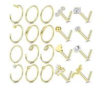 20pcs 20g Golden Nose Studs Sets for Women Men,Hypoallergenic 316L Surgical Stainless Steel Hinged Clicker Segment Nose Rings Hoop Helix Cartilage Daith Tragus Earrings L Shape Nose Studs Body