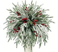 20Pcs Artificial Norfolk Pine Branches With Snow-Dusted Green Needles And Red Berries, 12.8in Plastic Stems For DIY Christmas Wreaths, Mantel Decorations And Holiday Home Ornament Crafting