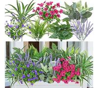 20PCS Artificial Plants Outdoor Fake Flowers UV Resistant Artificial Flower | Greenery Stems, Boston Fern Lavender, Faux Shrubs, Plastic Plant for Outdoor Garden Porch Planter Window Box Decor