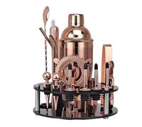 20Pcs Bartender Kit Cocktail 750ml Shaker Set with Black Acrylic Rotating Stand Bar Tool Experience Drink Mixing(20P 750ml Rose)