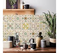 20pcs Beige Victorian Tile Stickers, Kitchen Bathroom Wall Tile Stickers Peel and Stick on Tile Transfers Covers Decals Self Adhesive Vinyl Waterproof Green Vintage Antique (15cm x 15cm, 6x6 inches)