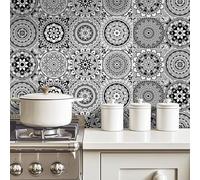 20pcs Black and White Mandala Moroccan Tile Stickers, Kitchen Bathroom Wall Tile Stickers Peel and Stick on Tile Transfers Covers Decals Self Adhesive Vinyl Waterproof Mosaic (15cm x 15cm, 6x6 inches)