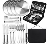 20Pcs Camping Cutlery Set for 4 Person,Portable Tableware Set for Hiking,Silver Food-Grade Stainless Steel,Picnic Utensils Set with Spoons Forks Knife Clip Plate,Case with Zipper Pouch