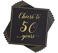 20pcs Cheers to 50 Years Black Gold Paper Napkins - Soft Cocktail & Dinner Serviettes for 50th Birthday, Anniversary, Graduate, Retire Party Decoration