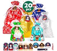 20pcs Christmas Drawstring Gift Bags Multipack Extra Large Medium Small Christmas Foil Gift Bags Xmas Gift Bag Goody Wrapping Bags for Presents Assorted Sizes with Drawstring Tags