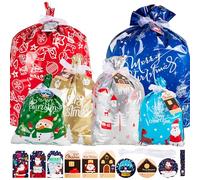 20pcs Christmas Drawstring Gift Bags Multipack Extra Large Medium Small Christmas Foil Gift Bags Xmas Gift Bag Goody Wrapping Bags for Presents Assorted Sizes with Drawstring Tags