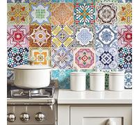 20pcs Colourful Moroccan Tile Stickers, Kitchen Bathroom Wall Tile Stickers Peel and Stick on Tile Transfers Covers Decals Self Adhesive Vinyl Waterproof Shabby Chic Mosaic (15cm x 15cm, 6x6 inches)