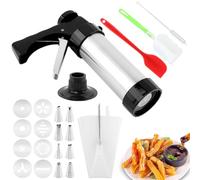 20PCS Cookie Press Gun Kit,Stainless Steel Churro Maker Machine with 8 Piping Nozzles,8 Cookie Discs & 2 Brushes,Piping Bag,Cake Spatula,for DIY Biscuit Cake Dessert Making
