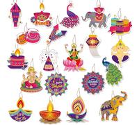 20Pcs Diwali Decorations for House, Happy Diwali Paper Pendant with Diyas Rangoli Peacock Ganesh Elephant for Indian Wedding Pooja Decor Ornament
