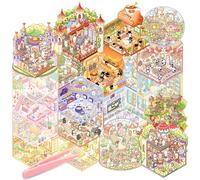 20Pcs DIY 3D House Stickers Kit Age 3-8 3D Miniature Scene Therapy for Kids 4 5 6 7 8 Year Old Stress Relief Sticker Scenes with Tweezers Creative Reusable DIY Sticker Therapy Kit for Age 3+ (Pink)