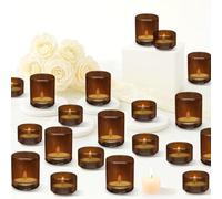 20Pcs Glass Votive Candle Holders Bulk, Ribbed Votive Candle Holder 10 Large and 10 Small Tea Light Candle Holders Set for Wedding Table Centerpieces Home Christmas Decor (Amber)