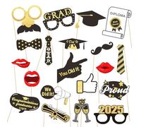 20Pcs Graduation Decorations Photo Booth Props,Class of 2025 Black/Gold Paper Glasses Moustache Mask Red Lips Bow Ties On Sticks for Grad Celebrations Party Fancy Dress Prom Photography Favor Supplies
