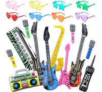 20Pcs Inflatable Instruments Party Props with Funny Sunglasses Set, Inflatable Rock Star Toy Guitar Saxophone Bass Microphones Recorder Piano Photo Booth, 80s 90s Rock N Roll Music Party Decorations