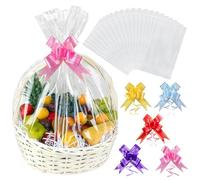 20pcs Large Clear Cellophane Basket Bags Christmas Fruit Bags, 102 x 78cm Gift Bags Hamper Wrapping Bags with 20pcs Bows, for Halloween Easter Fruit Baskets and Present Packaging
