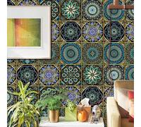 20pcs Mandala Tile Stickers Moroccan Kitchen Bathroom Wall Tile Stickers Peel and Stick on Tile Transfers Covers Decals Self Adhesive Vinyl Waterproof Teal Golden Mosaic Art (15cm x 15cm, 6x6 inches)