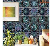20pcs Mandala Tile Stickers, Moroccan Kitchen Bathroom Wall Tile Stickers Peel and Stick on Tile Transfers Covers Decals Self Adhesive Vinyl Waterproof Teal Purple Mosaic Art (15cm x 15cm, 6x6 inches)