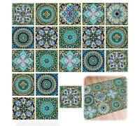 20PCS Moroccan Style Tile Stickers, Vintage Teal Golden Mandala Pattern, Peel and Stick Tiles for Bathroom, Kitchen, Walls & Floors