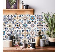 20pcs Moroccan Tile Stickers, Kitchen Bathroom Wall Stick on Tiles Self Adhesive Vinyl Waterproof Backsplash Peel and Stick Tile Covers Decals Vintage Mosaic Art (15cm x 15cm, 6x6 inches) Blue Orange